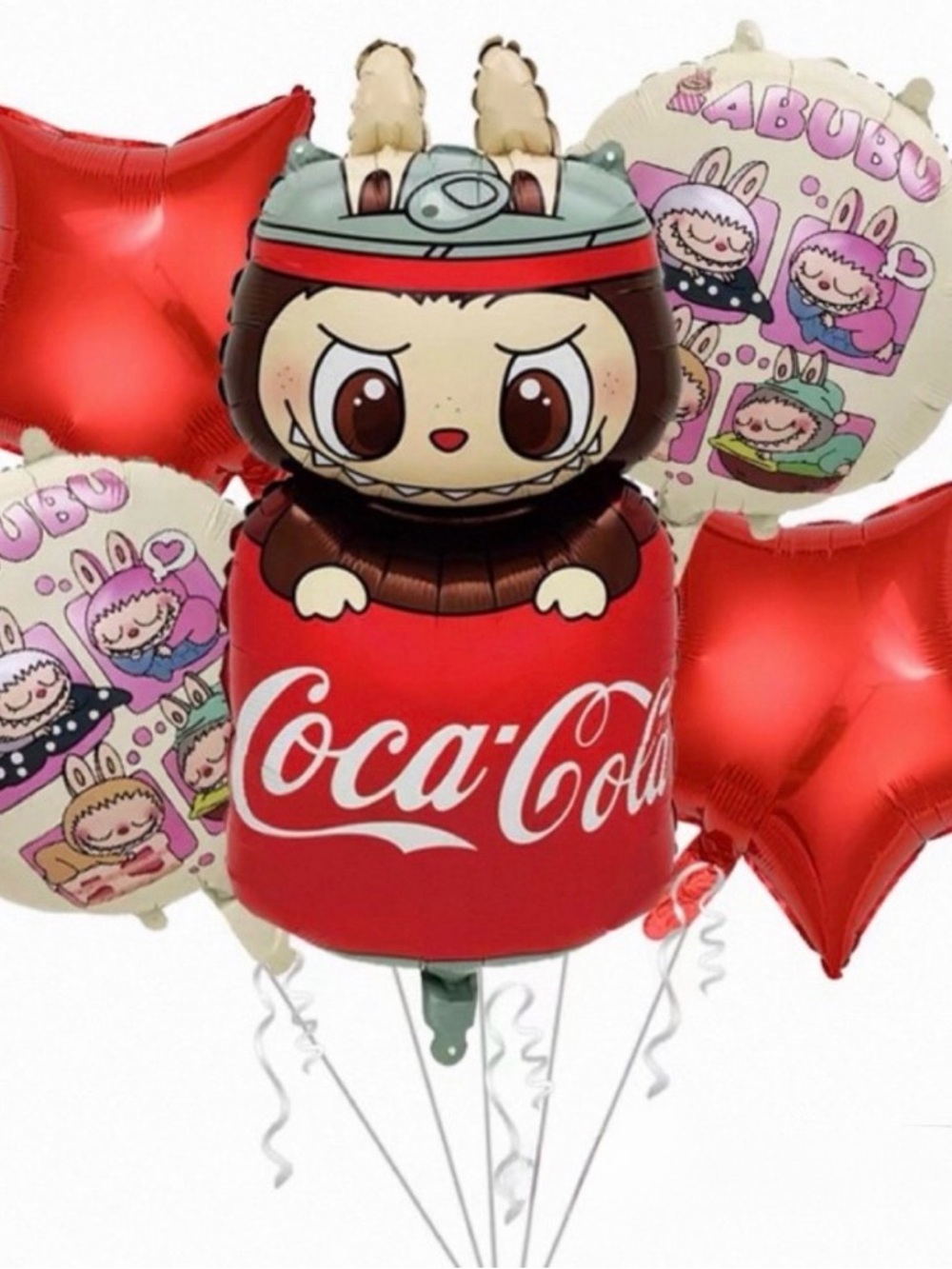 Labubu Coca Cola Red Character Mylar Balloon Bouquet with Pink Accent Rounds